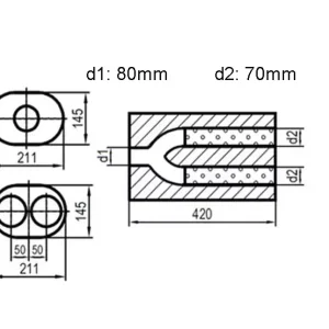 FOX Uni-Schalldämpfer oval zweiflutig aus Edelstahl, Abwicklung 585 211x145mm, Ø76mm / Ø63,5mm, Länge 420mm Direktkauf