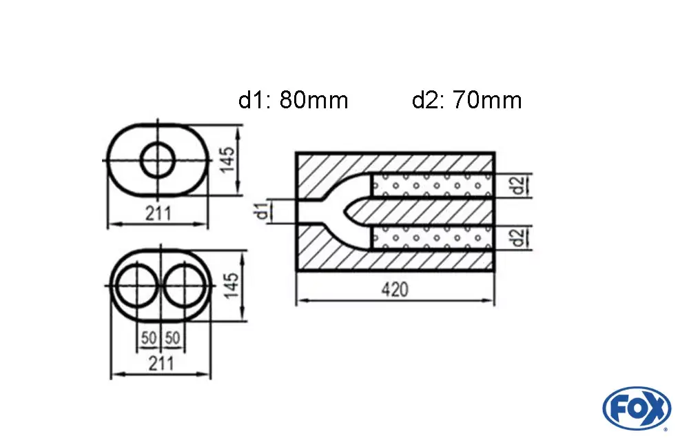 FOX Uni-Schalldämpfer oval zweiflutig aus Edelstahl, Abwicklung 585 211x145mm, Ø76mm / Ø63,5mm, Länge 420mm Direktkauf