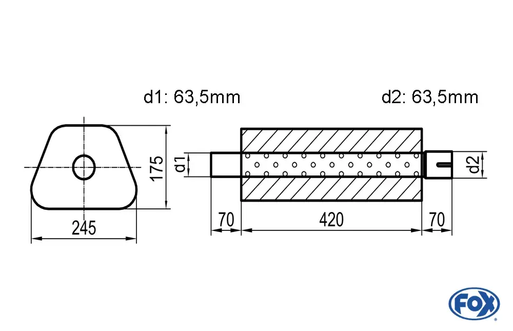 Preisreduziert FOX Uni-Schalldämpfer Trapezoid Edelstahl 245x175mm d1Ø 63,5mm außen d2Ø 63,5mm innen Länge 420mm