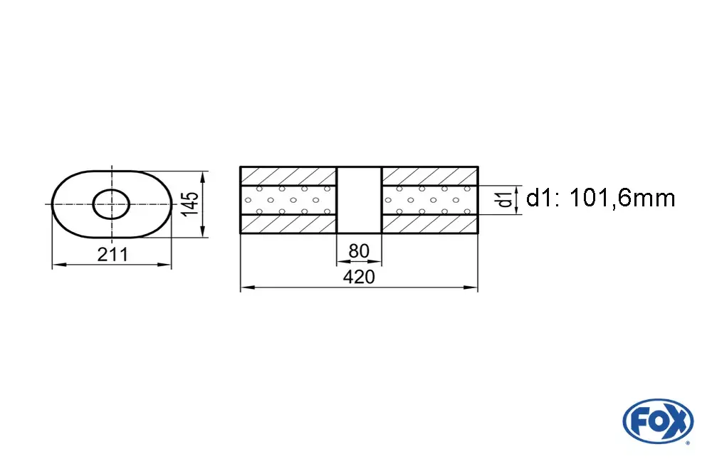 FOX Uni-Schalldämpfer Oval ohne Stutzen mit Kammer 211x145mm Edelstahl Preiswert