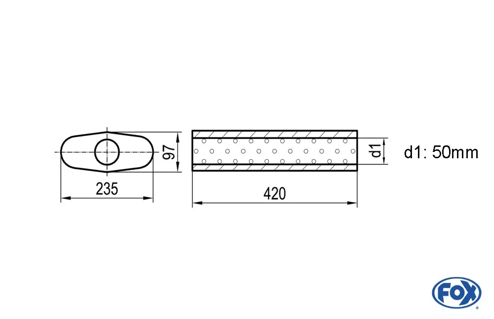 Geprüft FOX Uni-Schalldämpfer oval ohne Stutzen 235x97mm Länge 420mm