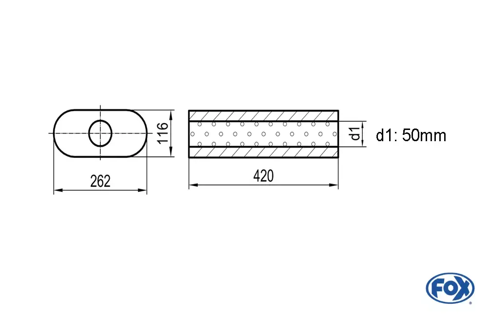 Preiswert FOX Uni-Schalldämpfer oval ohne Stutzen Edelstahl, Länge 420mm, d1Ø 50mm, Abwicklung 650 262x116mm