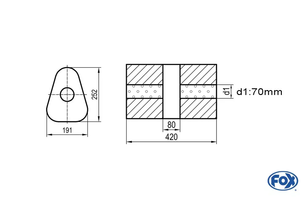 FOX Uni-Schalldämpfer dreieck ohne Stutzen mit Kammer – Abw. 725 191x252mm, Ø70mm, Länge 420mm Günstig