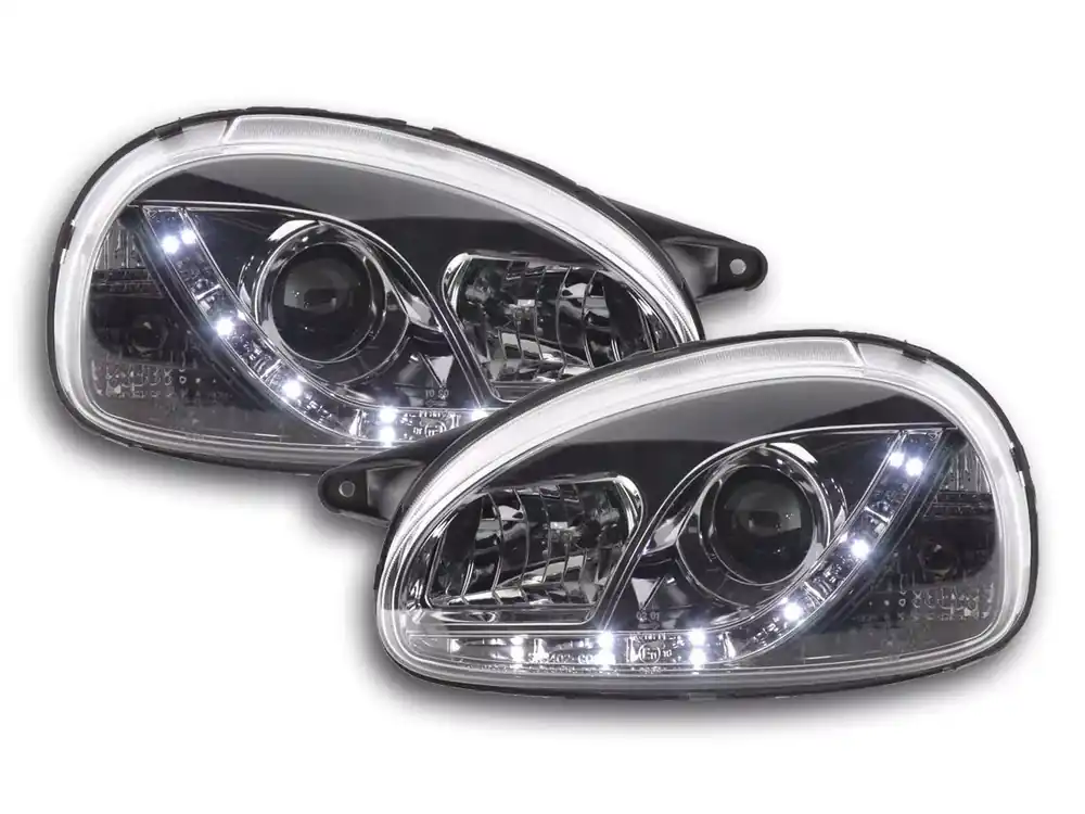 Scheinwerfer Set Daylight LED chrom passend für Opel Corsa B 94-00 Echt
