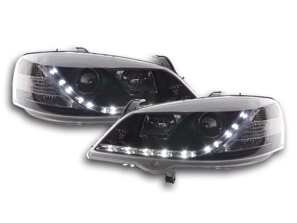 Scheinwerfer Set Daylight LED passend für Opel Astra G 98-03 schwarz Versand Am Gleichen Tag